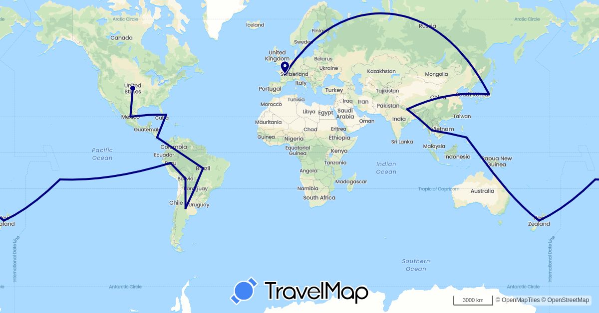 TravelMap itinerary: driving in Argentina, Bolivia, Brazil, Bahamas, Costa Rica, France, Japan, Mexico, Nepal, New Zealand, Peru, Philippines, Thailand, United States (Asia, Europe, North America, Oceania, South America)